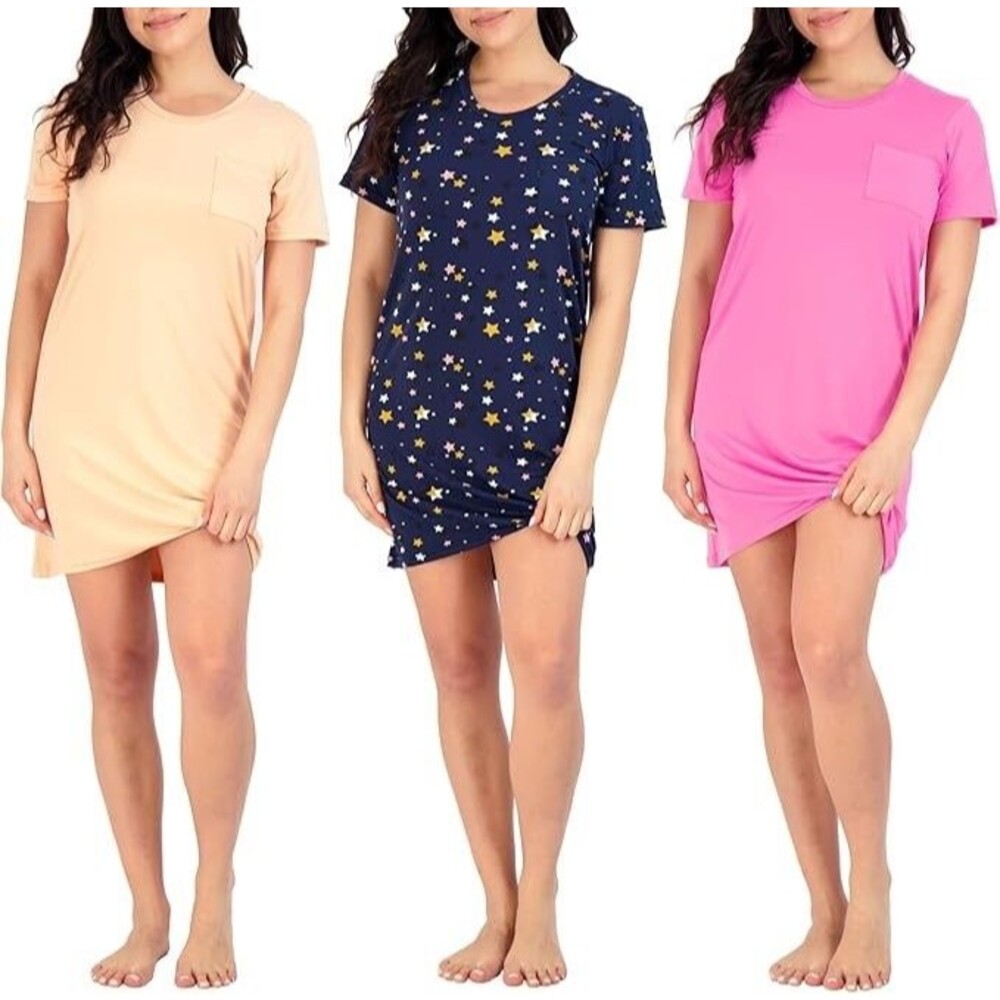 Real Essentials 3 Pack:Women's Short Sleeve Nightshirt Pajama Sleepwear, NWT, L